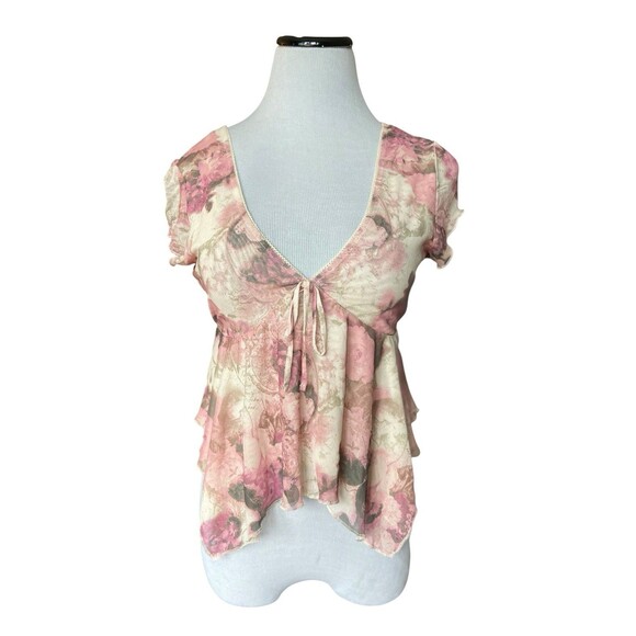 Womens Y2K Mesh Floral Babydoll Top Size M Aysmmetric Hem Fairy Coquette Whimsy - Picture 1 of 12